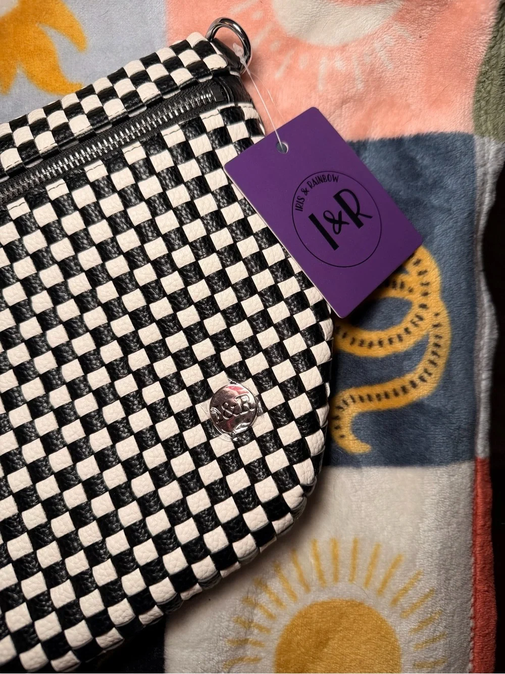 Iris & Rainbow Black & White Woven Checkered Crossbody Bag
